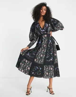 ASOS EDITION floral embroidered midi dress with lace inserts in black