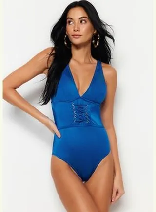 Sax V-Neck Eyelets Normal Leg Swimsuit TBESS21MA0184