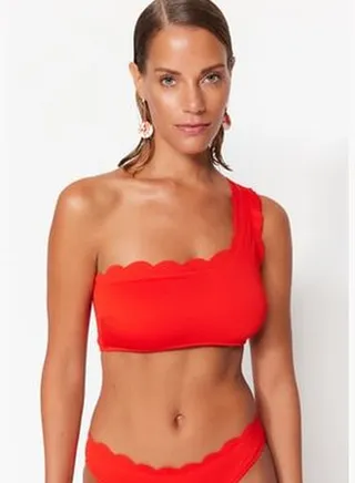 Red One-Shoulder Laser-Cut Textured Bikini Top TBESS23BU00377