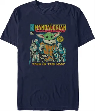 Men's Star Wars: The Mandalorian Grogu Retro Comic Book Cover T-Shirt - Navy Blue - X Large