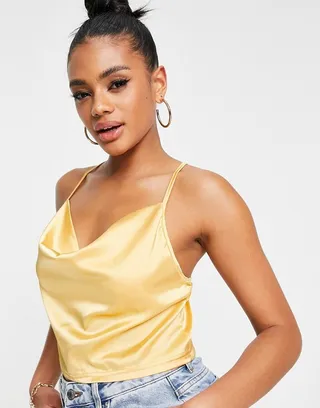 Parisian satin cami strap top with cowl neck in lemon