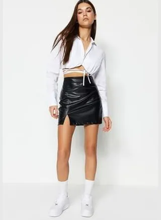 Black Faux Leather Mini Skirt with Slit Detail, Fitted High Waist TWOSS23ET00118