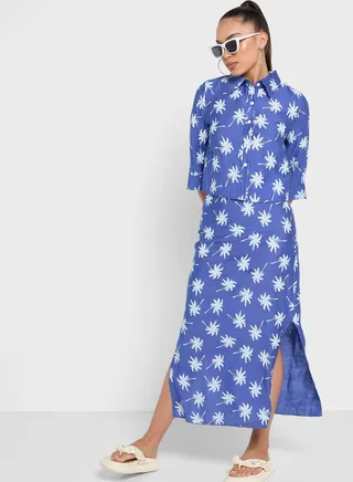 Palm Tree Prints Co-Ord Top And Skirt Set