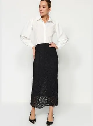 Black Lace Normal Waist Maxi Lined Stretch Knit Skirt TWOAW24ET00329