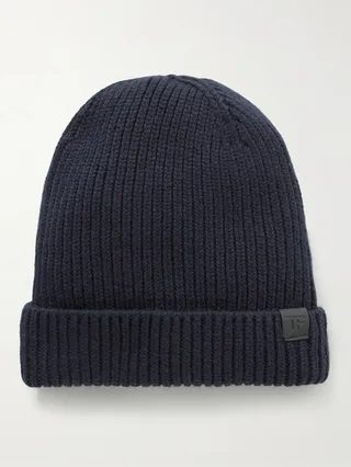 Leather-Trimmed Ribbed Cashmere Beanie