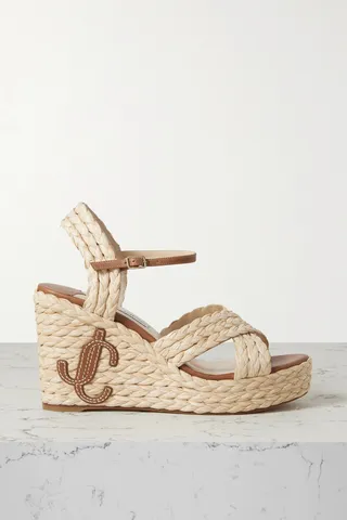 Jimmy Choo - Dellena 100 Logo-appliquéd Leather-trimmed Woven Raffia Espadrille Wedge Sandals - Neutrals