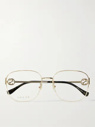Square-Frame Chain-Embellished Gold-Tone Optical Glasses