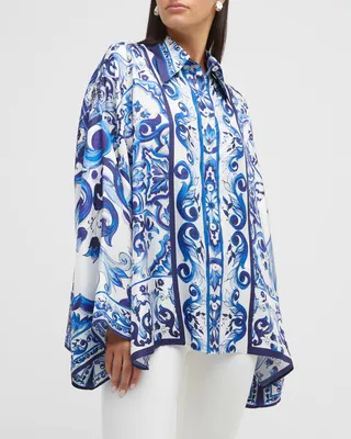 Tile-Print Twill Collared Shirt
