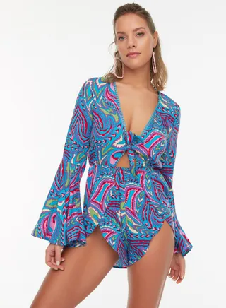 Plunge Neck Cut Out Detail Printed Playsuit