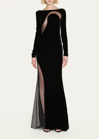 Velvet Boat-Neck Cutout Gown