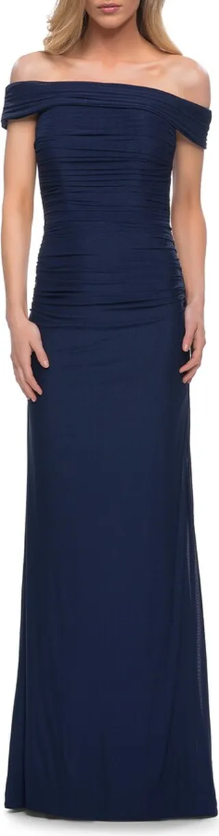 Ruched Off the Shoulder Net Jersey Evening Dress