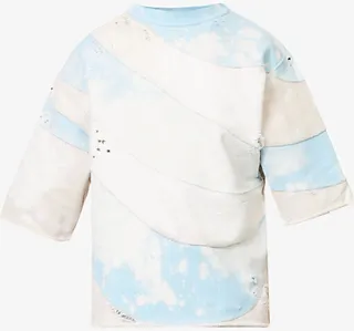 Mens Blue Beige Patchworked Abstract-pattern Cotton-jersey T-shirt