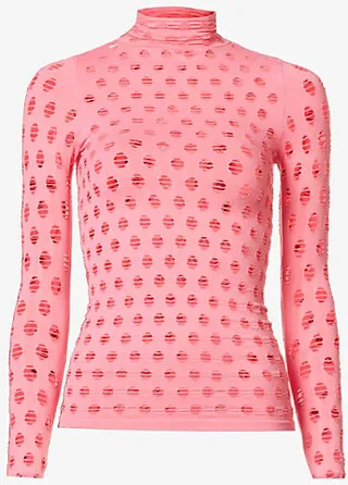 Womens Pink Perforated Turtleneck Stretch-woven top
