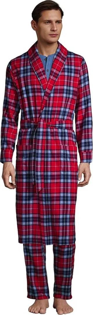 Lands' End Men's Flannel Robe - Small - Rich Red Multi Plaid