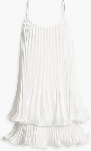 Tiered plissé hammered-satin mini dress