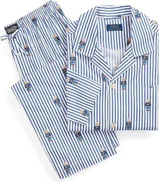Polo Bear Striped Cotton Pajama Set Sleepwear White