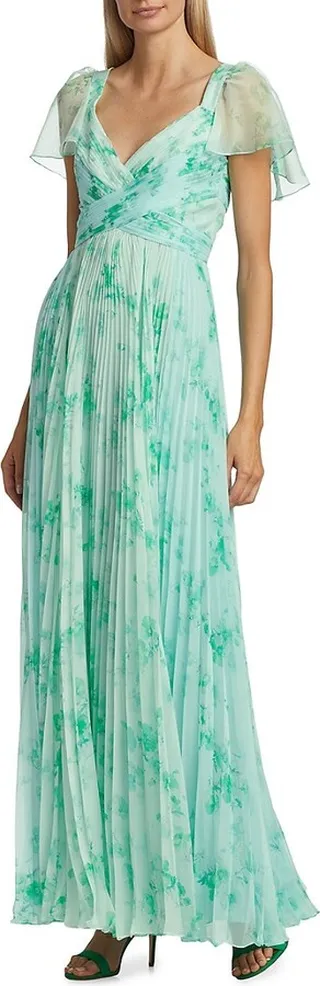Alani Pleated Flutter-Sleeve Gown