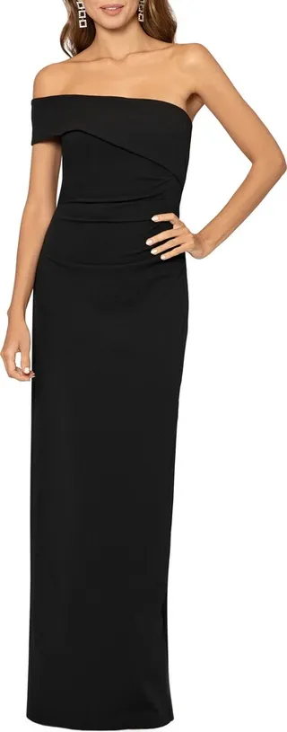 Asymmetric Strapless Scuba Crepe Sheath Gown