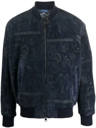 Tattoo-print suede bomber jacket