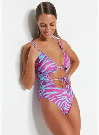 Abstract Patterned Deep-necked Cut Out/Windowed Regular Leg Swimsuit TBESS22MA0234