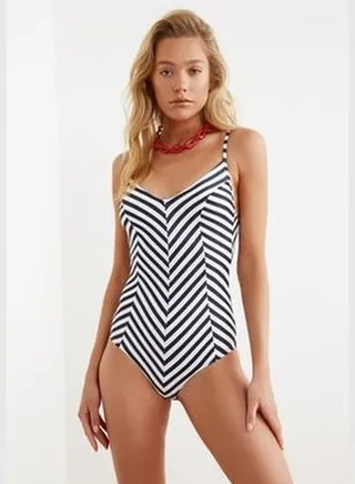 Navy Blue Striped V-Neck Compression Swimsuit TBESS21MA0193