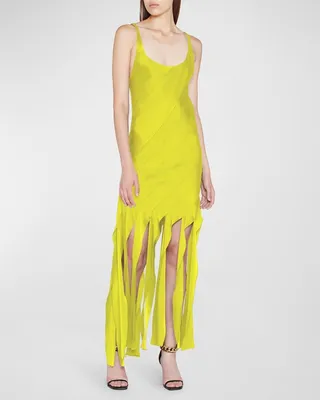 Diagonal Paneled Fringe-Hem Maxi Dress