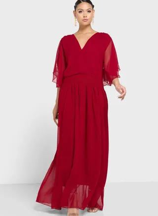 Surplice Neck Ruched Waist Mesh Dress