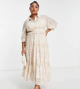ASOS DESIGN Curve collared tiered midi dress with shirred waist in natural animal print