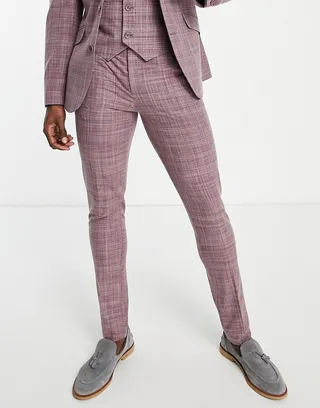 ASOS DESIGN wedding skinny suit pants in burgundy crosshatch