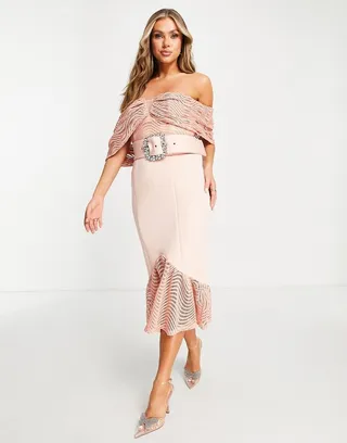 ASOS DESIGN bardot lace midi dress with peplum hem and belt detail in dusky pink