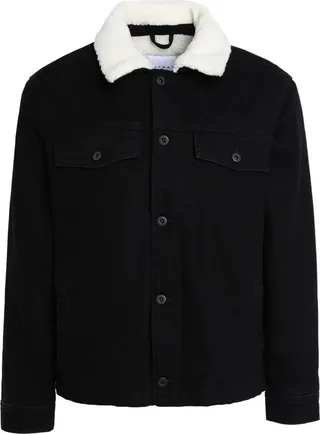 Topman Borg Collar Denim Jacket Denim Outerwear Black