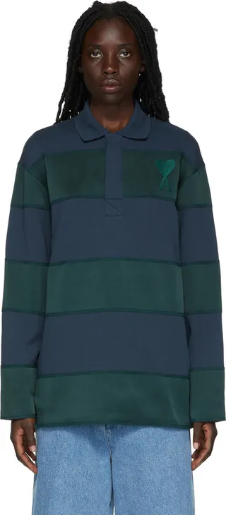 AMI Alexandre Mattiussi SSENSE Exclusive Navy & Green Rugby Polo