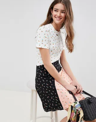 ASOS DESIGN t-shirt dress in color block ditsy print