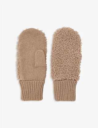 Womens Tan Borg-panel Knitted Mittens