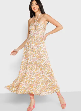 Halter Ruched Neck Cutout Detail Dress