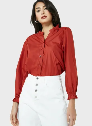 Frill Mandarin Collar Puff Sleeve Top