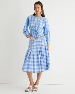 Pleated cotton poplin midi skirt in Bristow gingham