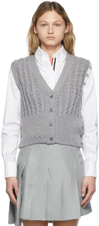 Thom Browne Grey Merino Wool Pointelle Cable 4-Bar Cardigan