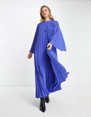 ASOS DESIGN textured pleated midi dress with pleated long sleeves and V detail in purple