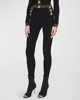 6-Button Metallic-Edge Knit Stirrup Leggings