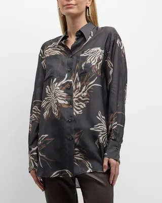 Silk Marine Botanical Print Button-Down Blouse