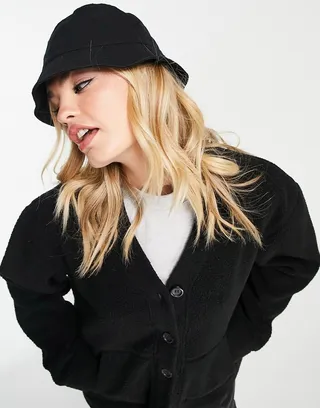 Topshop teddy borg button through cardigan in black