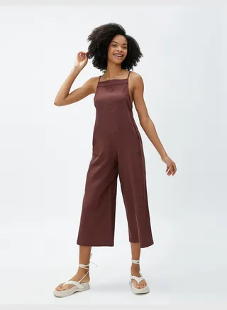 Linen Mix Square Neck Pocket Detail Wide Leg Jumpsuit