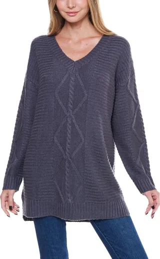 Fever Women's Rib and Cable Knit Long Sleeve V-Neck Sweater