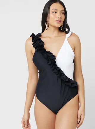 Ruffle Detail Colorblock Swimsuit