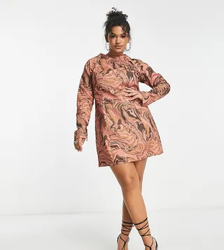 ASOS DESIGN Curve cotton puff sleeve mini dress with removable sleeves in tan swirl print