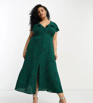 ASOS DESIGN Curve flutter sleeve midi tea dress with button in green animal print