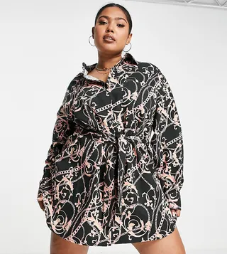 ASOS DESIGN Curve belted twill mini swing shirt dress in chain print
