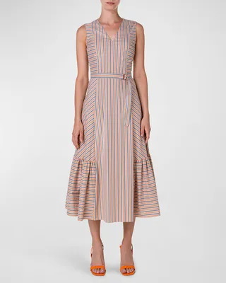 Parasol Stripe Cotton Midi Dress with Belt