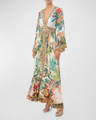 Kimono-Sleeve Button-Front Silk Maxi Dress
